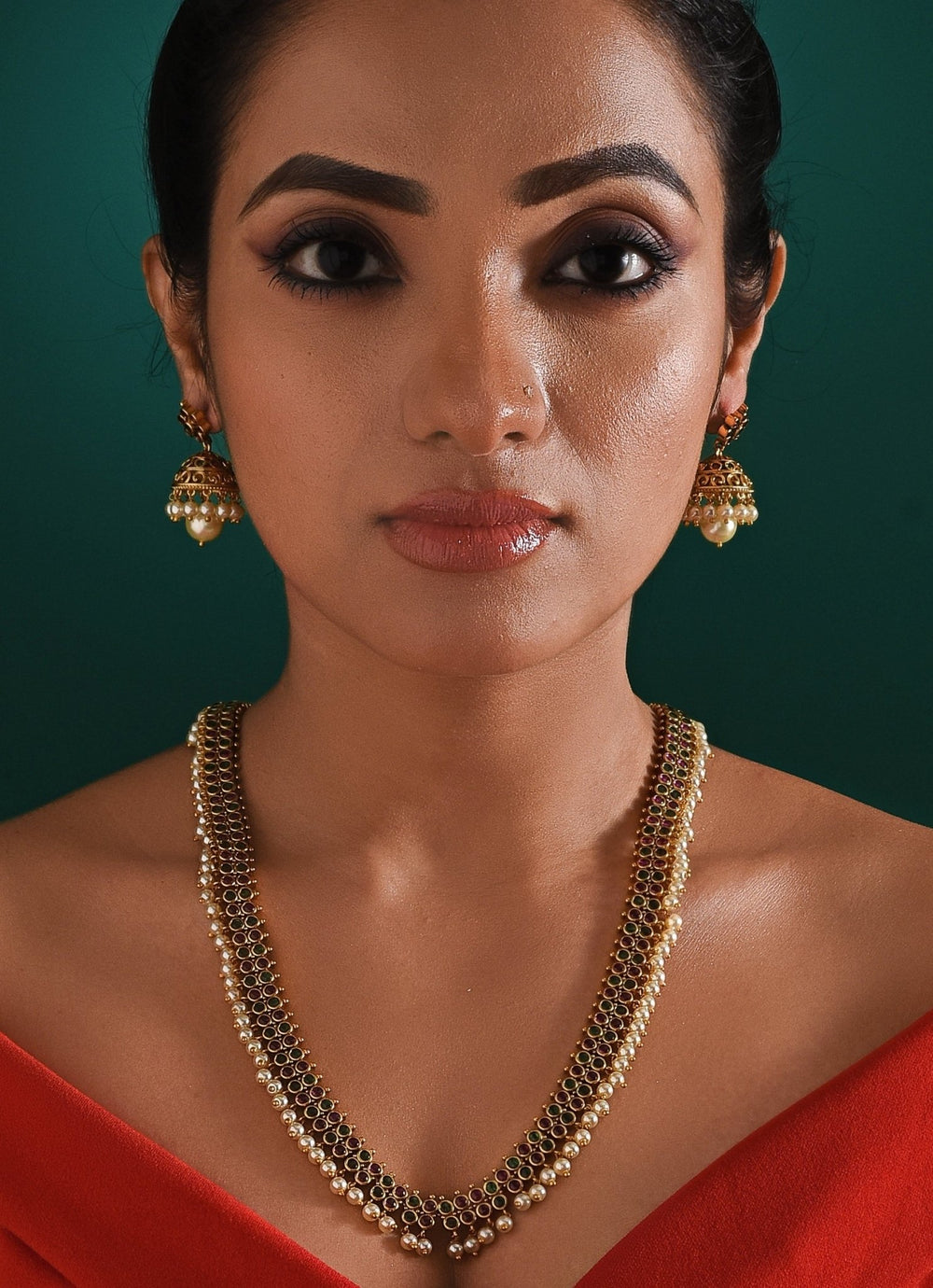 Antique Gold Plated And Pearl Drop Long Necklace Set Zaza By Somya - Fabilicious Fashion