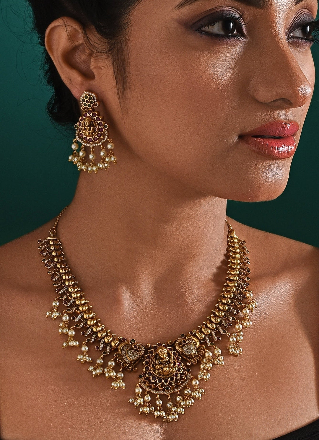 Antique Gold Plated And Pearl Drop Necklace Set Zaza By Somya - Fabilicious Fashion
