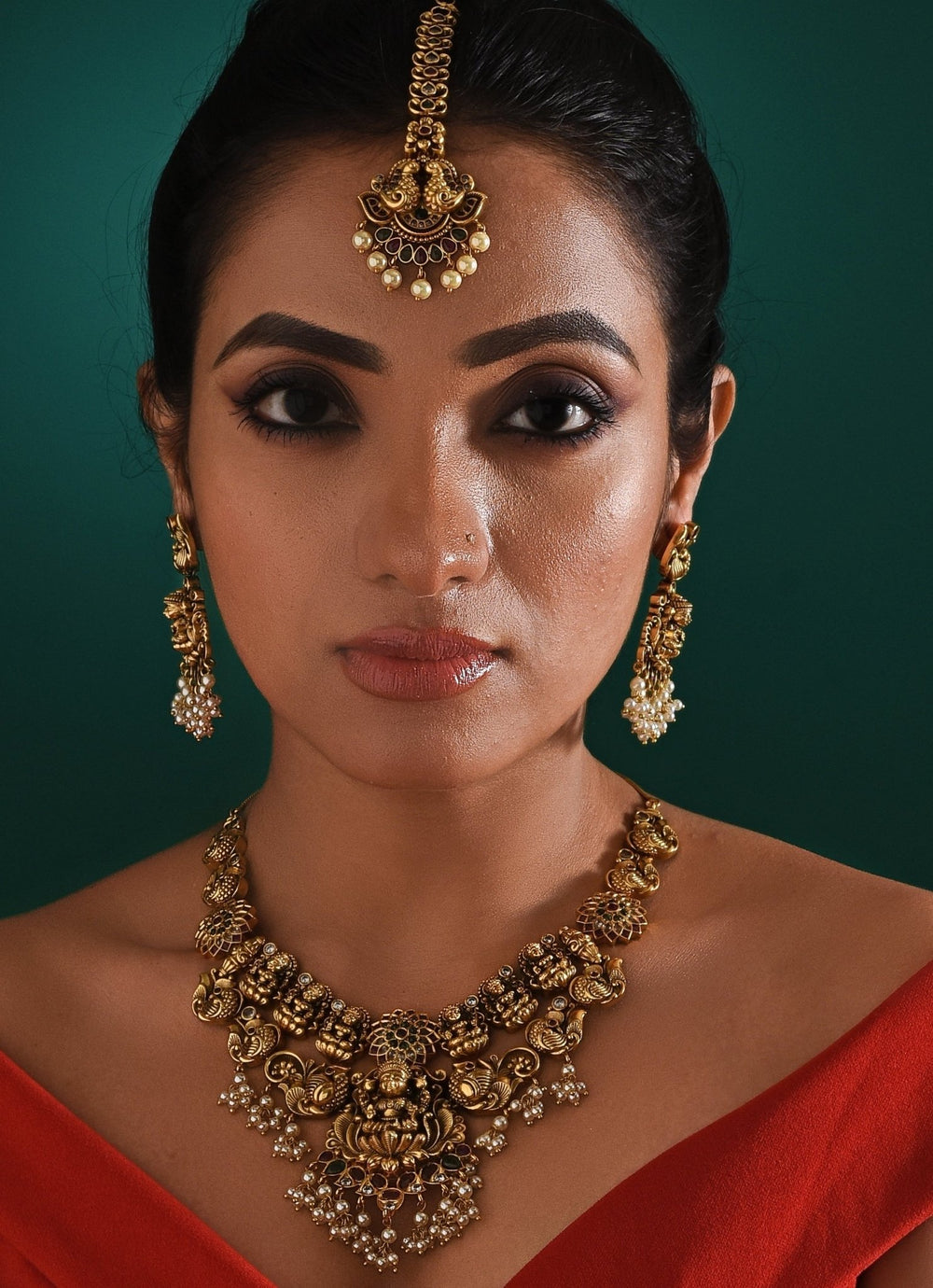 Antique Gold Plated And Pearl Drop Temple Necklace Set Zaza By Somya - Fabilicious Fashion