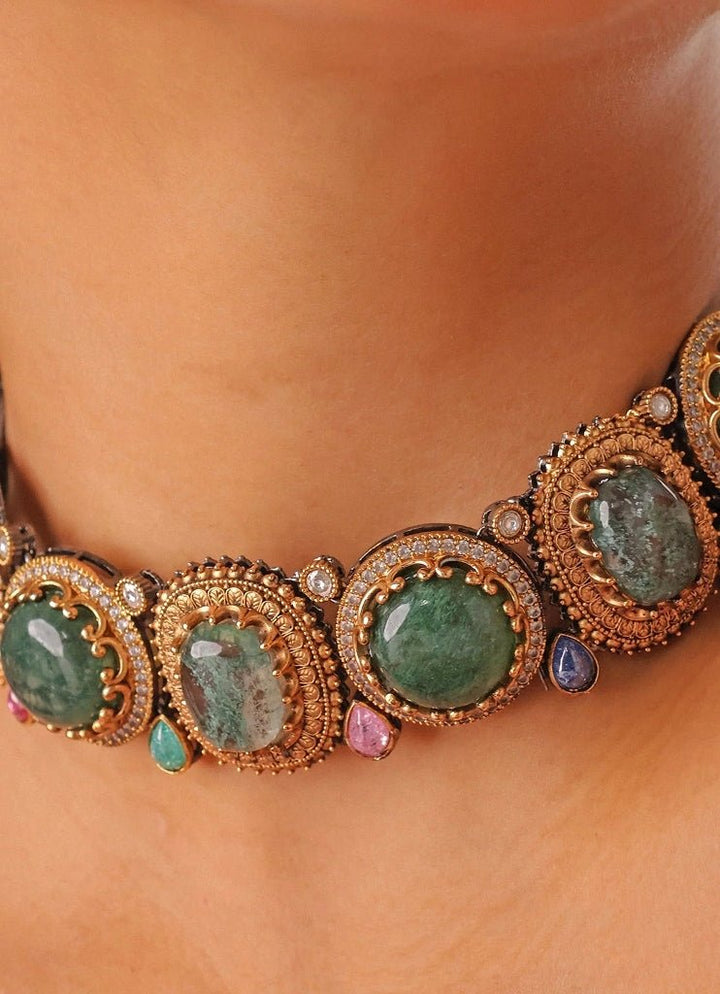 Mr Jewels Antique Gold Plated Emerald And Pearl Temple Choker SetFabilicious Fashion