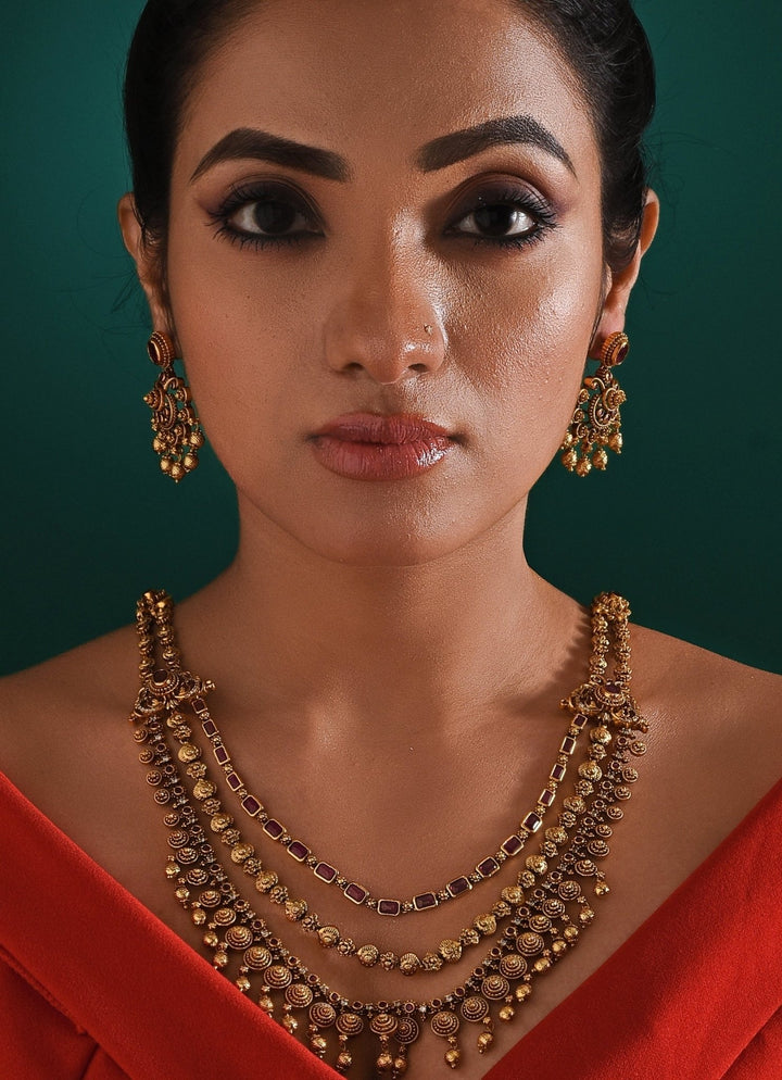 Antique Gold Plated Layered Long Necklace Set Zaza By Somya - Fabilicious Fashion