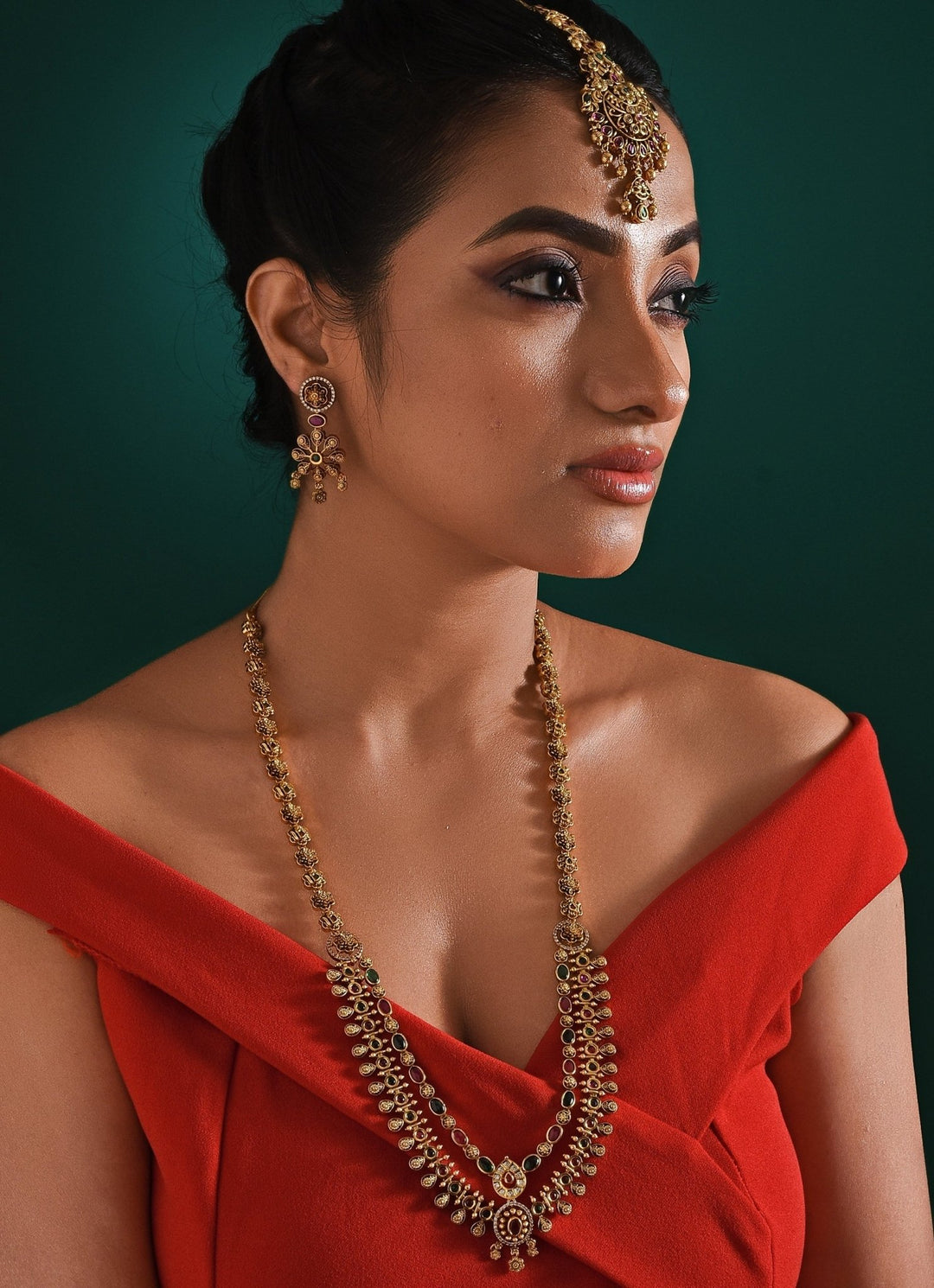 Antique Gold Plated Layered Long Necklace Set Zaza By Somya - Fabilicious Fashion