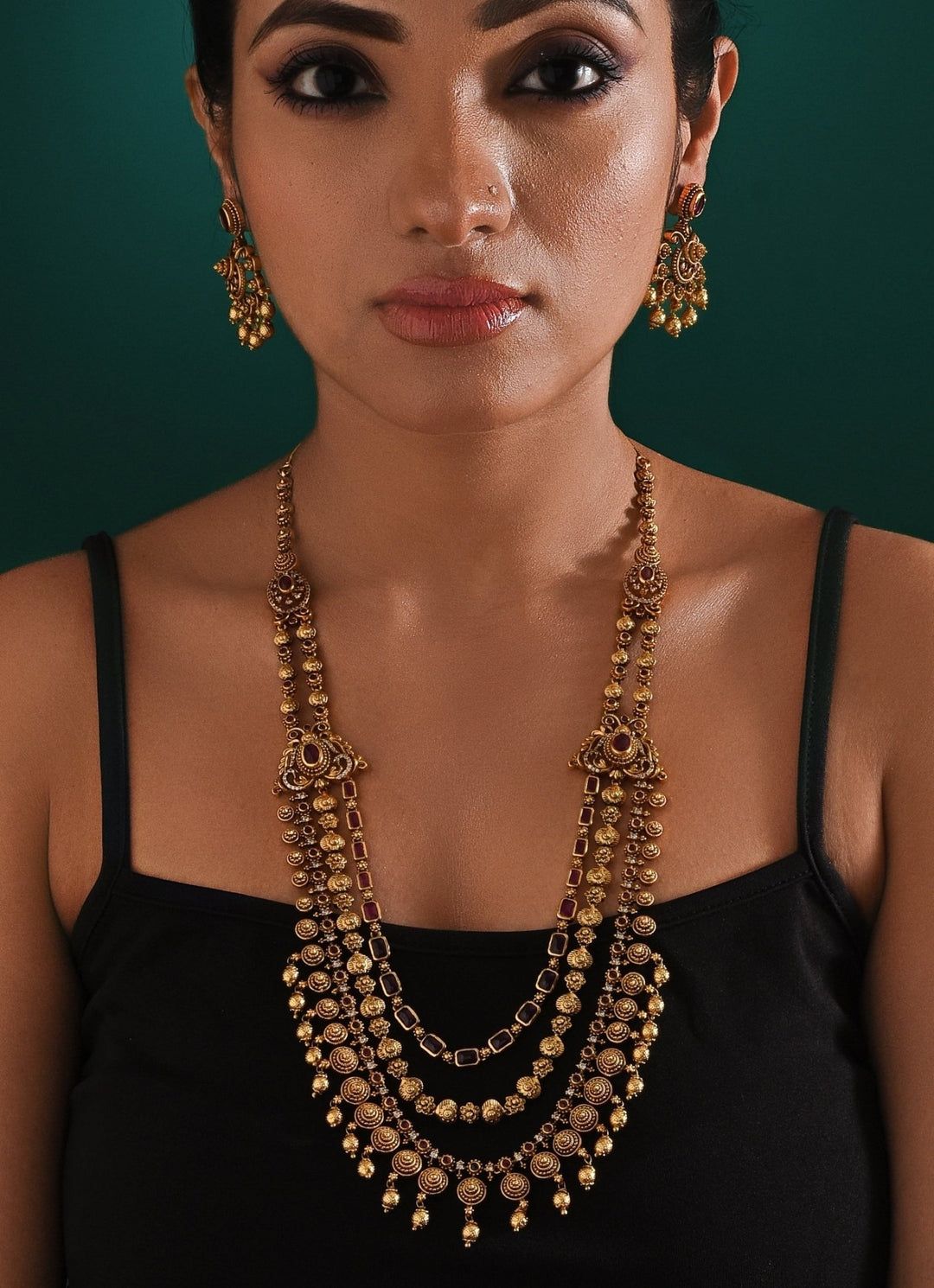 Antique Gold Plated Layered Long Necklace Set Zaza By Somya - Fabilicious Fashion
