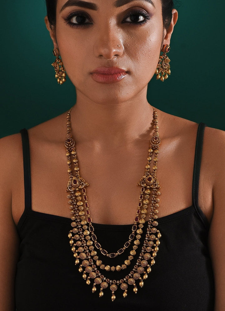 Antique Gold Plated Layered Long Necklace Set Zaza By Somya - Fabilicious Fashion