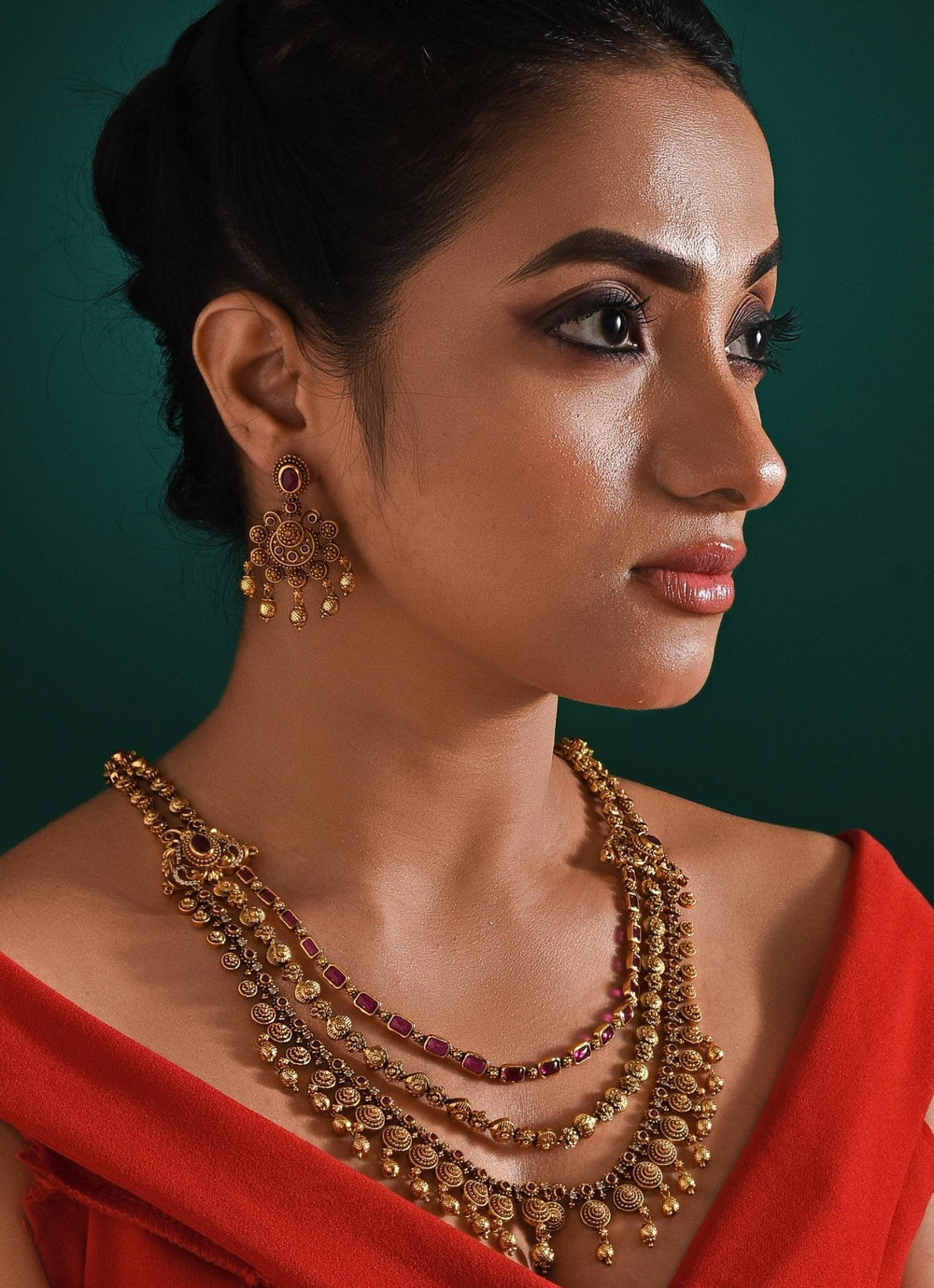 Antique Gold Plated Layered Long Necklace Set Zaza By Somya - Fabilicious Fashion