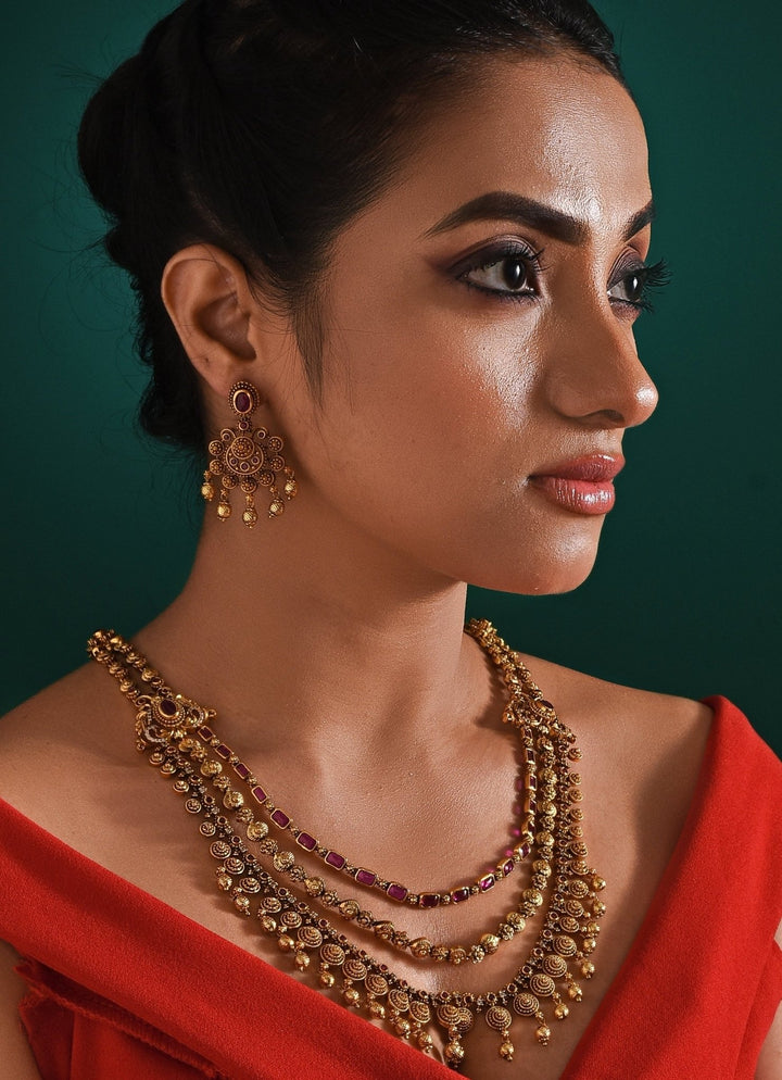 Antique Gold Plated Layered Long Necklace Set Zaza By Somya - Fabilicious Fashion