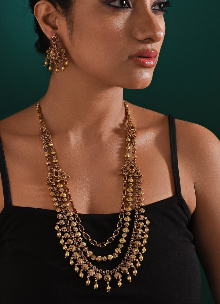 Antique Gold Plated Layered Long Necklace Set Zaza By Somya - Fabilicious Fashion