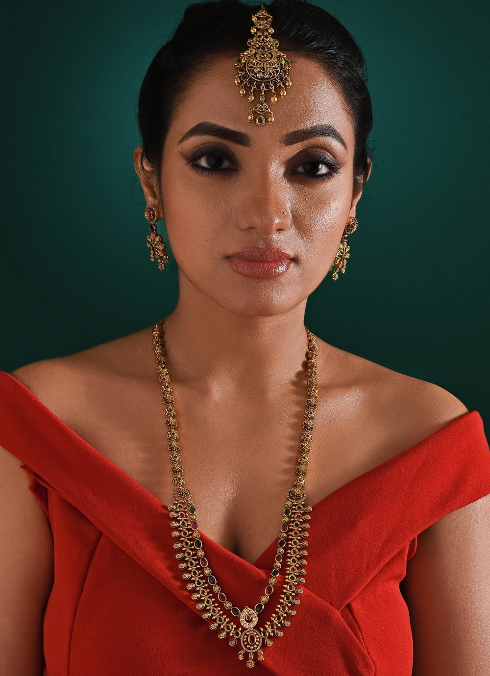 Antique Gold Plated Layered Long Necklace Set Zaza By Somya - Fabilicious Fashion