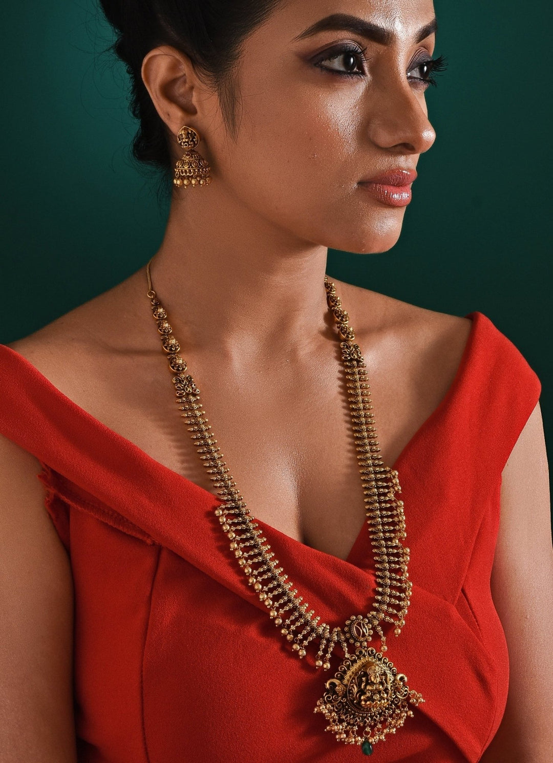 Antique Gold Plated Temple Long Necklace Set Zaza By Somya - Fabilicious Fashion