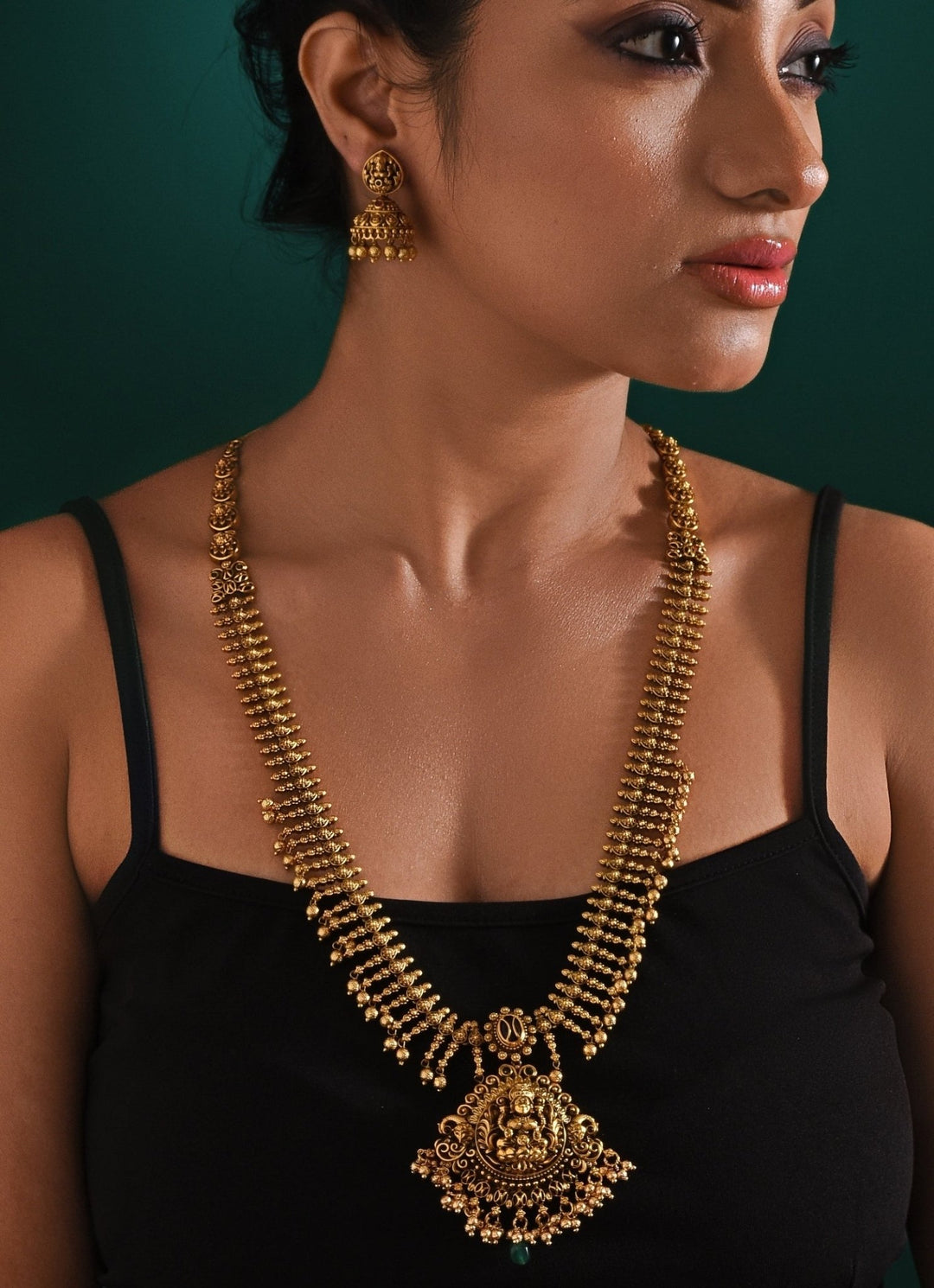 Antique Gold Plated Temple Long Necklace Set Zaza By Somya - Fabilicious Fashion