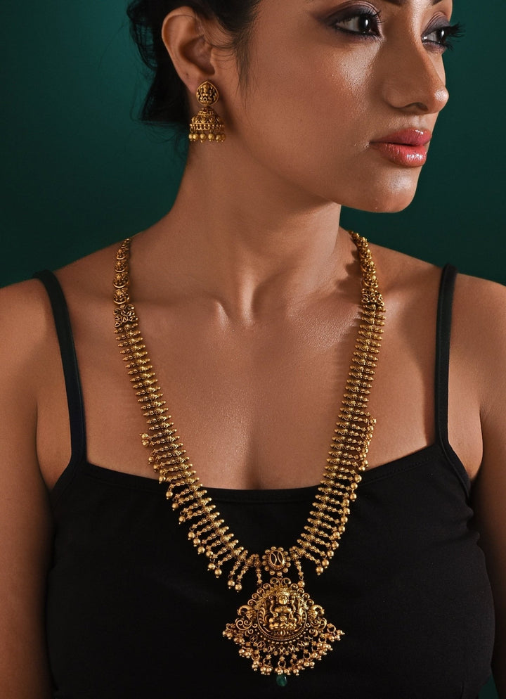 Antique Gold Plated Temple Long Necklace Set Zaza By Somya - Fabilicious Fashion