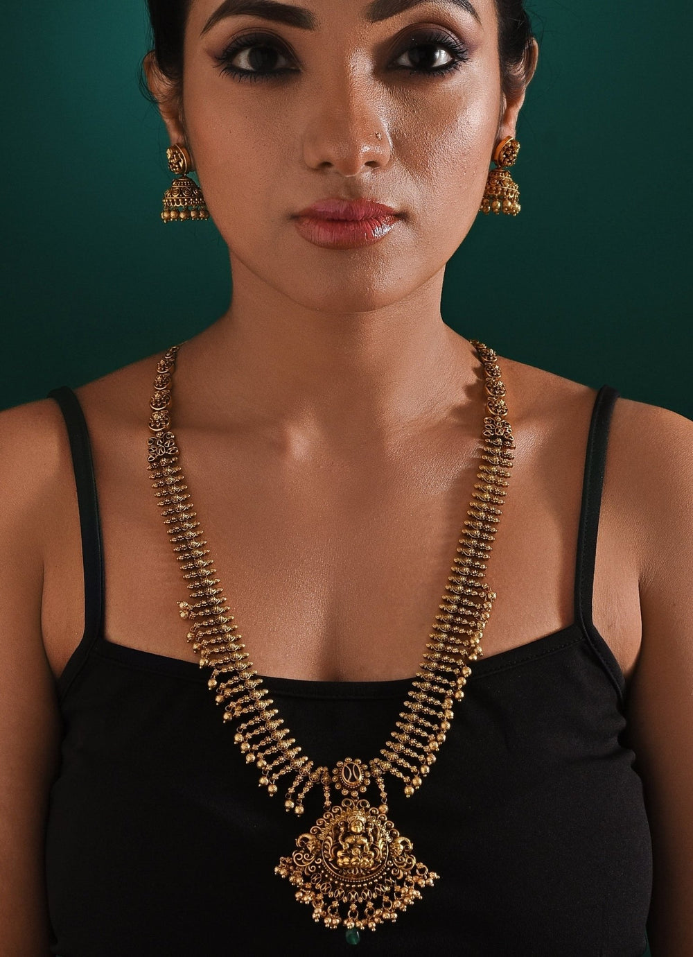 Antique Gold Plated Temple Long Necklace Set Zaza By Somya - Fabilicious Fashion