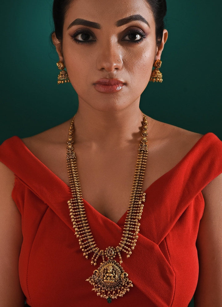 Antique Gold Plated Temple Long Necklace Set Zaza By Somya - Fabilicious Fashion