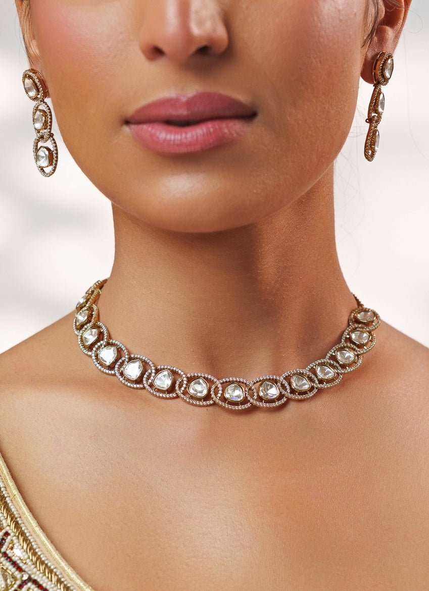 Antique Gold Polki Necklace Set Zevar by Geeta - Fabilicious Fashion