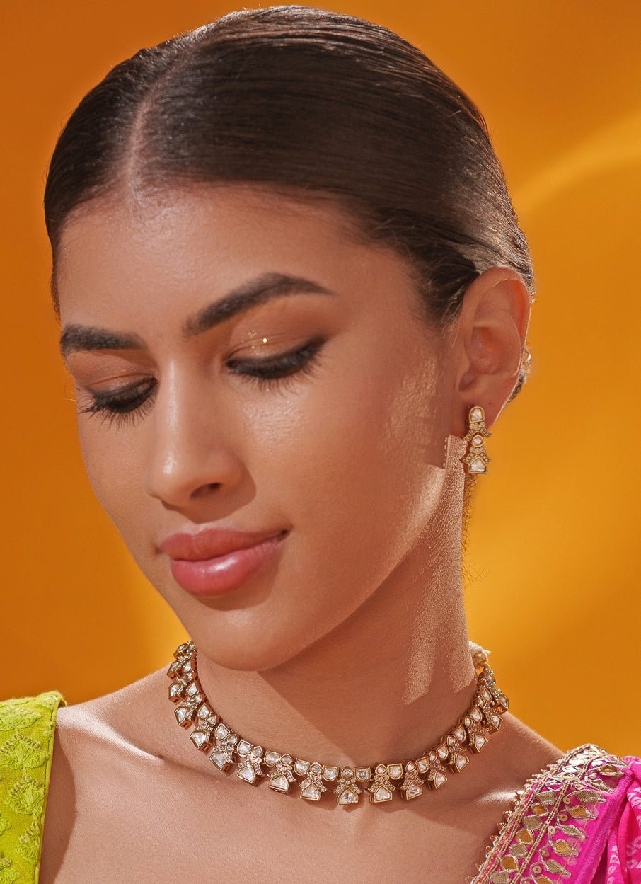 Antique Gold Polki Two Tone Necklace Set Zevar by Geeta - Fabilicious Fashion