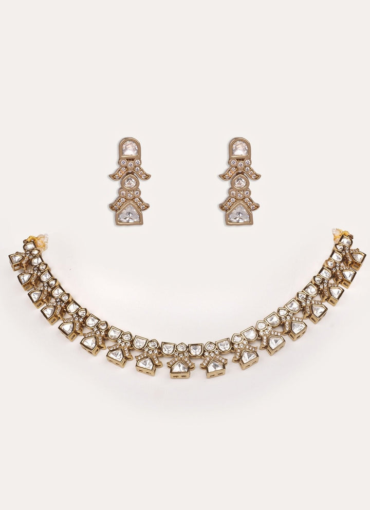Antique Gold Polki Two Tone Necklace Set Zevar by Geeta - Fabilicious Fashion