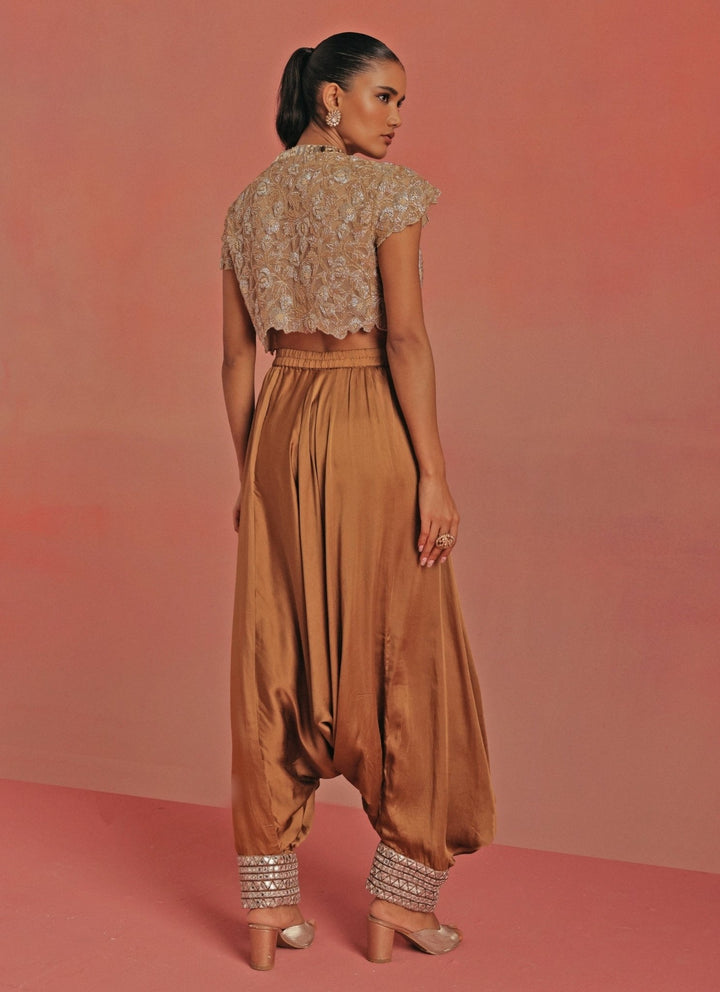Twenty Nine Antique Gold Satin Silk Dhoti With Mirrorwork TopFabilicious Fashion