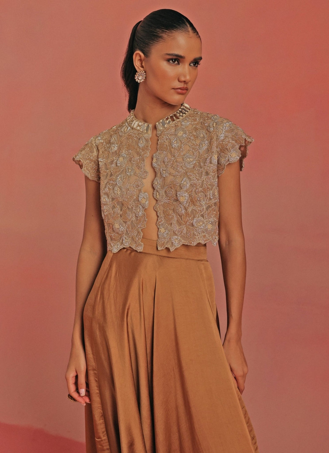 Twenty Nine Antique Gold Satin Silk Dhoti With Mirrorwork TopFabilicious Fashion