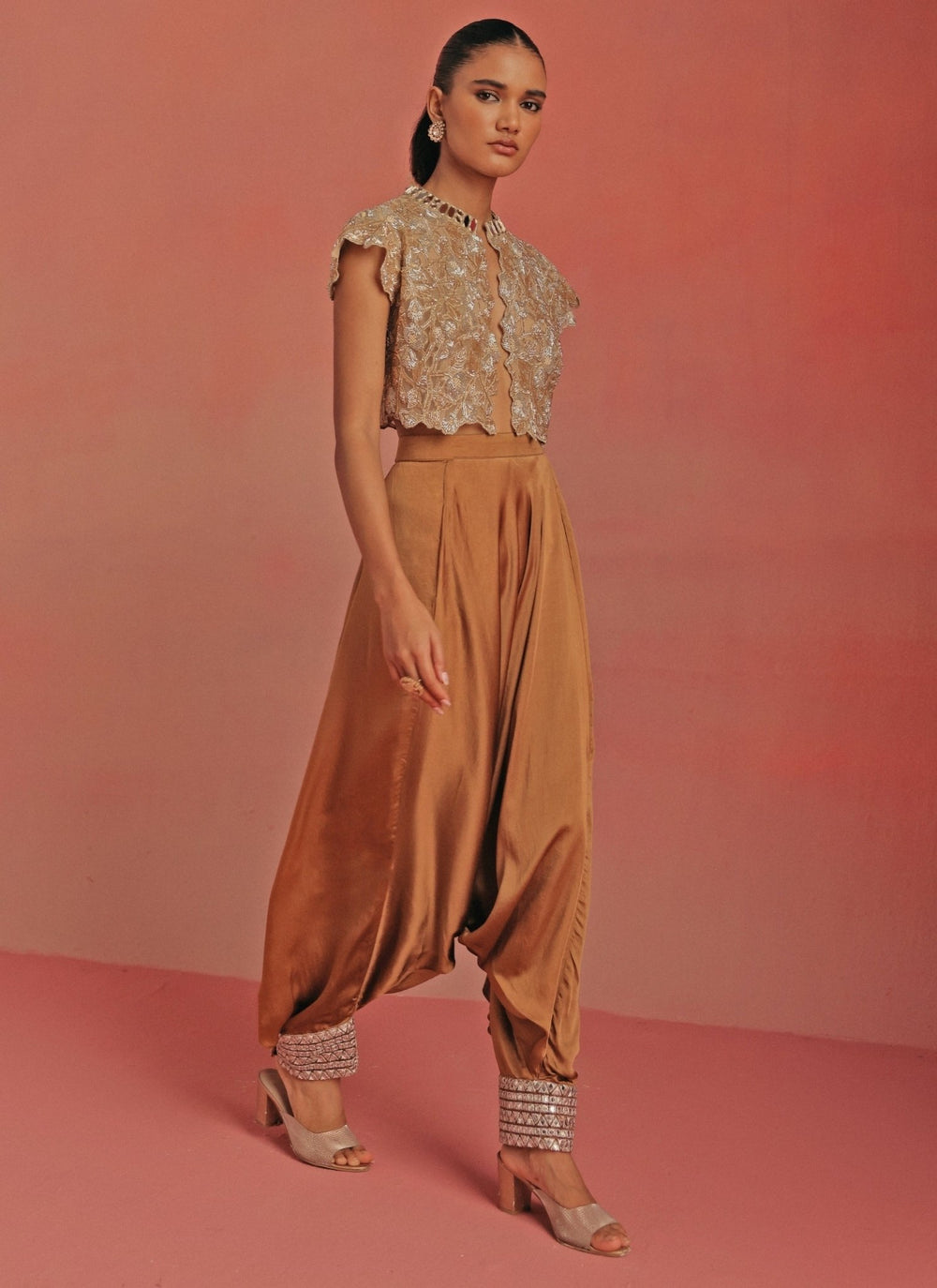 Twenty Nine Antique Gold Satin Silk Dhoti With Mirrorwork TopFabilicious Fashion