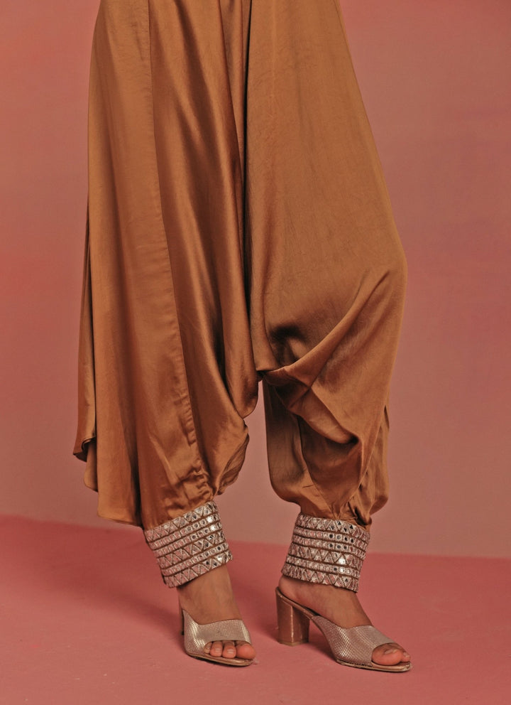 Twenty Nine Antique Gold Satin Silk Dhoti With Mirrorwork TopFabilicious Fashion