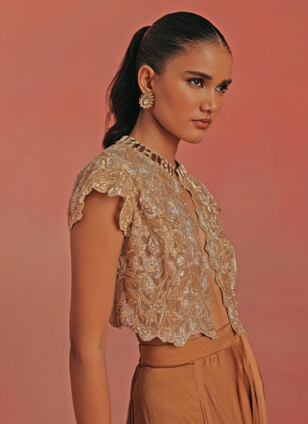 Twenty Nine Antique Gold Satin Silk Dhoti With Mirrorwork TopFabilicious Fashion