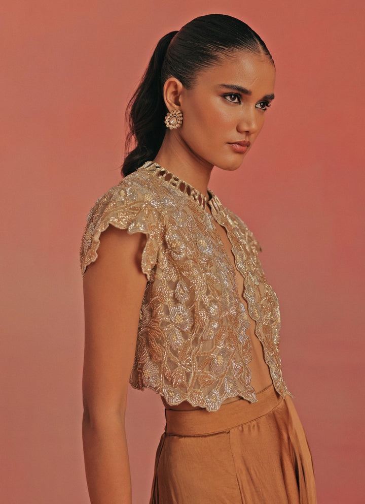 Twenty Nine Antique Gold Satin Silk Dhoti With Mirrorwork TopFabilicious Fashion