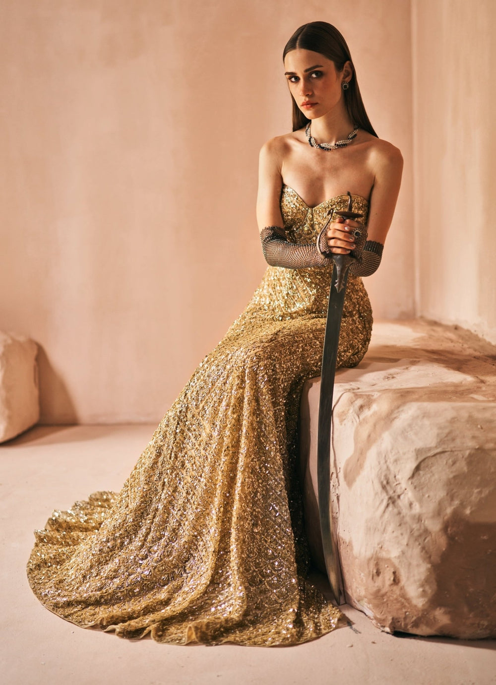 Antique Gold Sequins Embroidered Corset Gown Angad Singh - Fabilicious Fashion