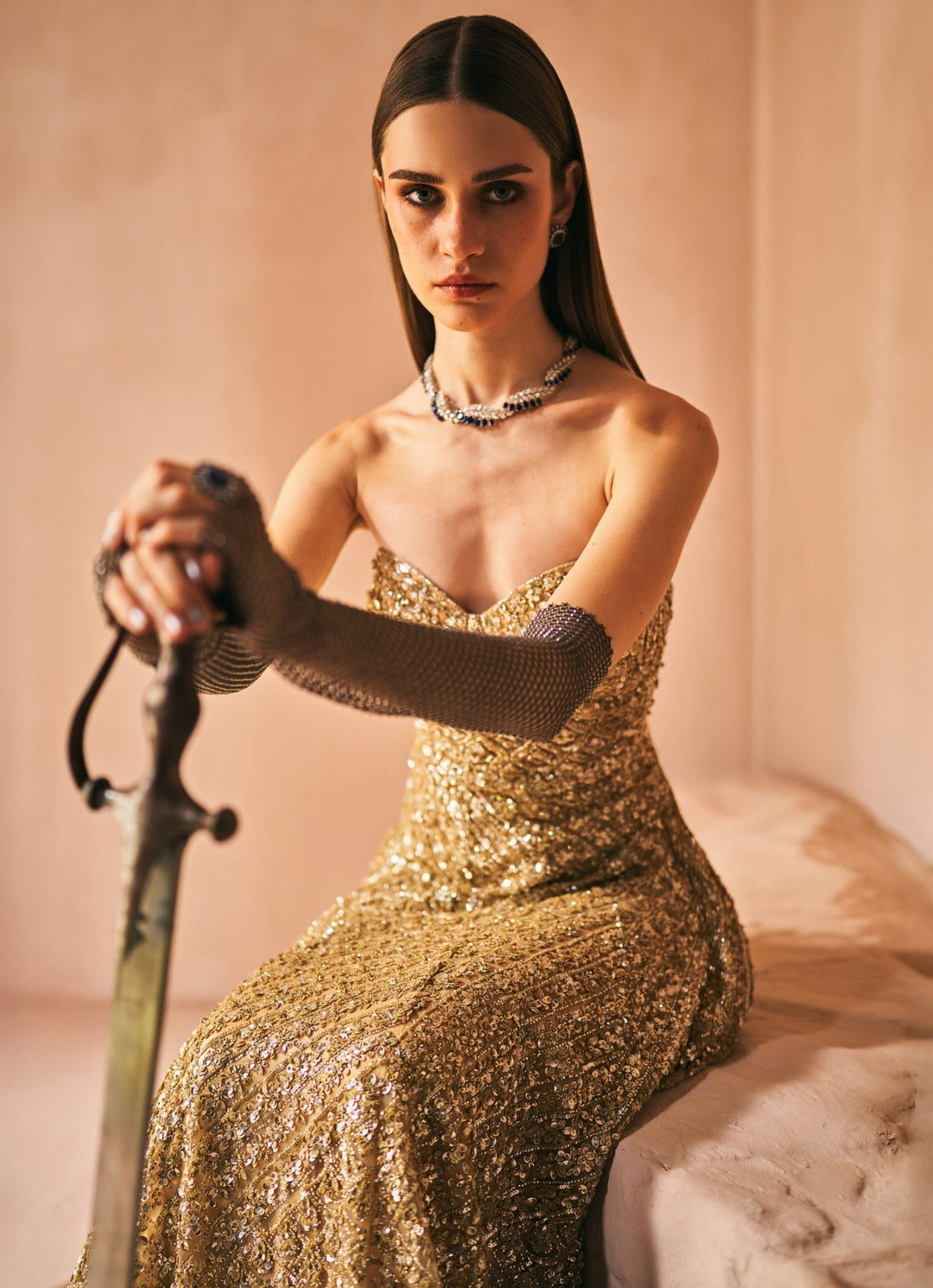 Antique Gold Sequins Embroidered Corset Gown Angad Singh - Fabilicious Fashion