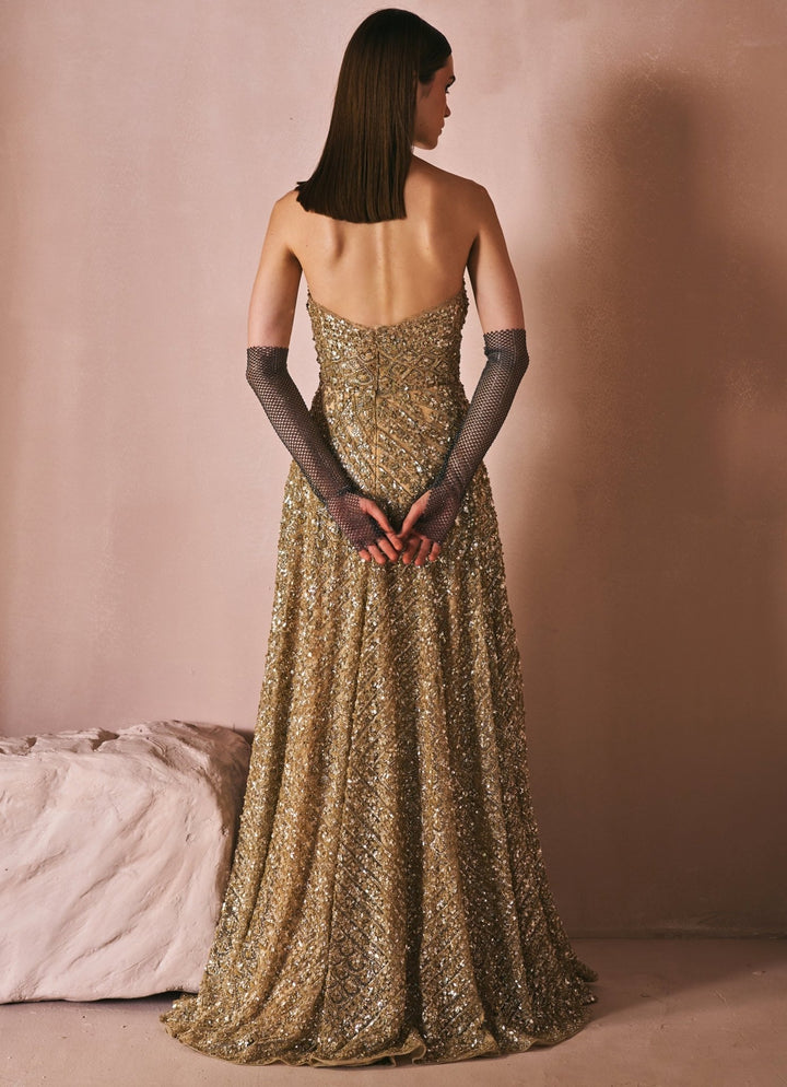 Antique Gold Sequins Embroidered Corset Gown Angad Singh - Fabilicious Fashion