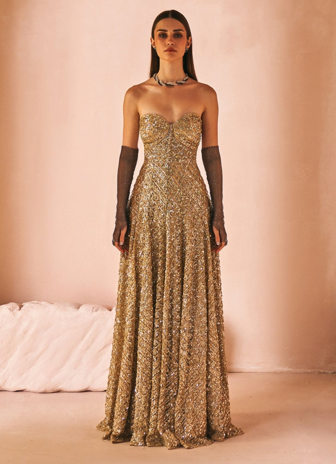 Antique Gold Sequins Embroidered Corset Gown Angad Singh - Fabilicious Fashion