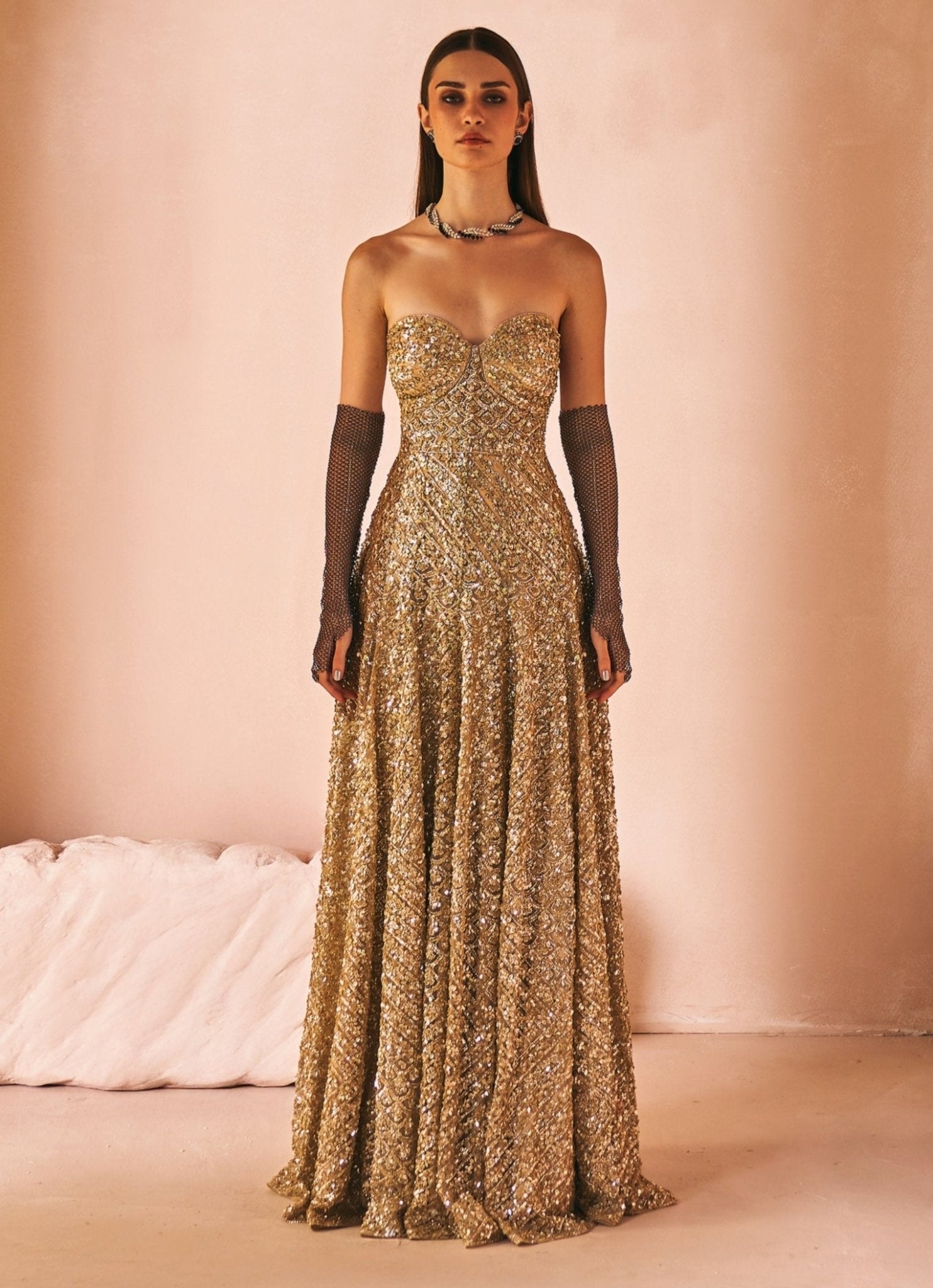Antique gold embroidered gown for bridal cocktail or wedding party