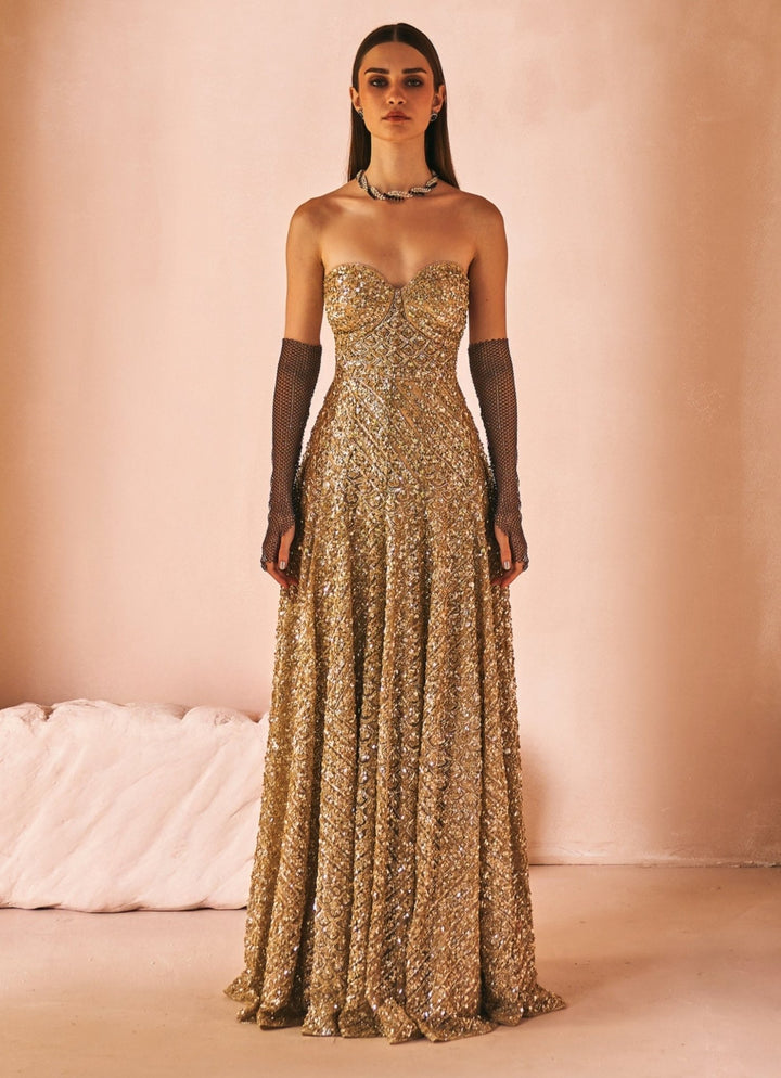 Antique Gold Sequins Embroidered Corset Gown Angad Singh - Fabilicious Fashion