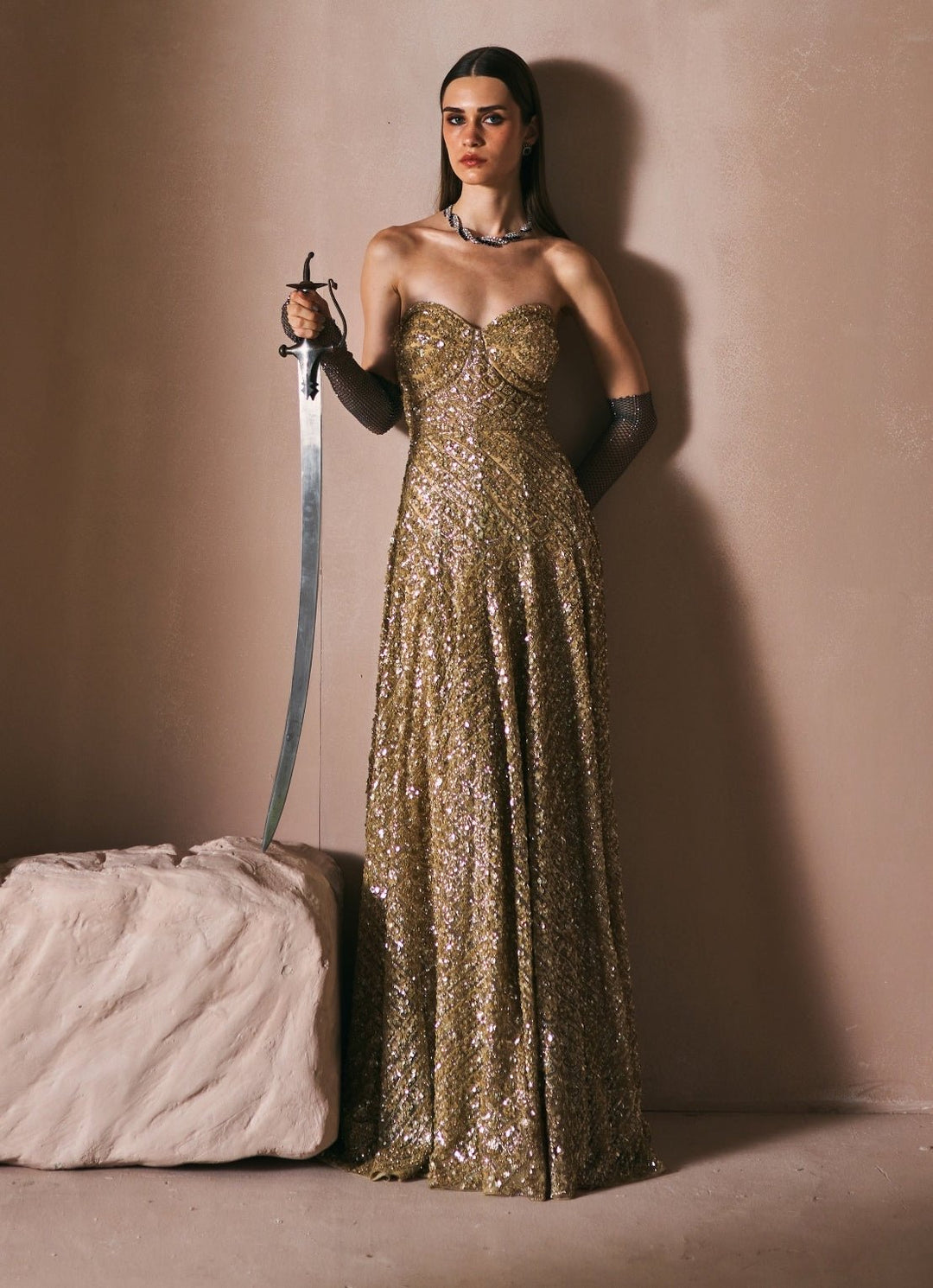 Antique Gold Sequins Embroidered Corset Gown Angad Singh - Fabilicious Fashion