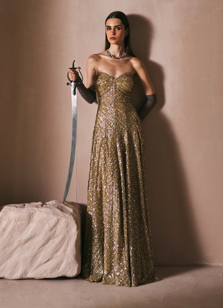 Antique Gold Sequins Embroidered Corset Gown Angad Singh - Fabilicious Fashion
