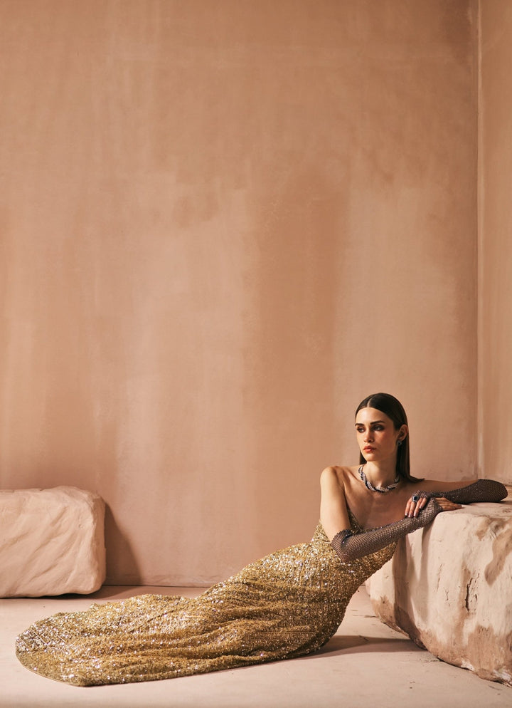 Antique Gold Sequins Embroidered Corset Gown Angad Singh - Fabilicious Fashion