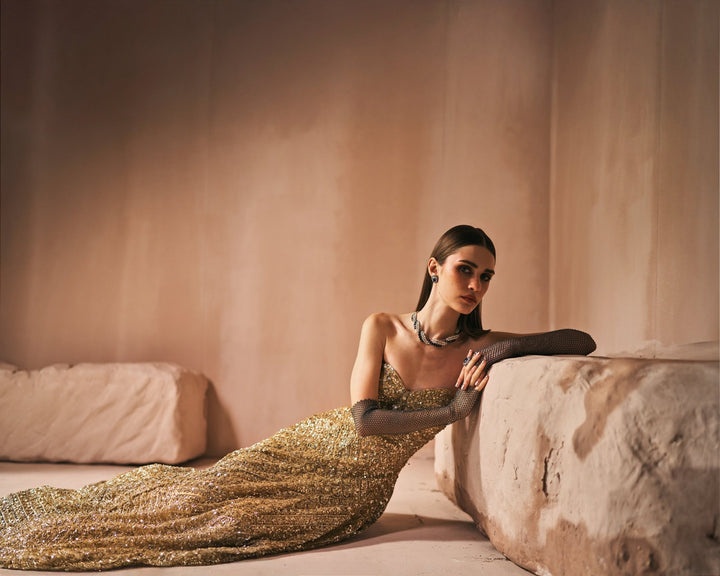 Antique Gold Sequins Embroidered Corset Gown Angad Singh - Fabilicious Fashion