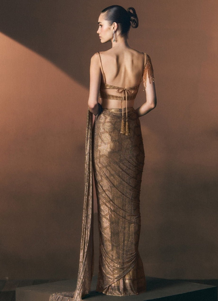 Angad Singh Antique Gold Soft Net Pre-Draped SareeFabilicious Fashion