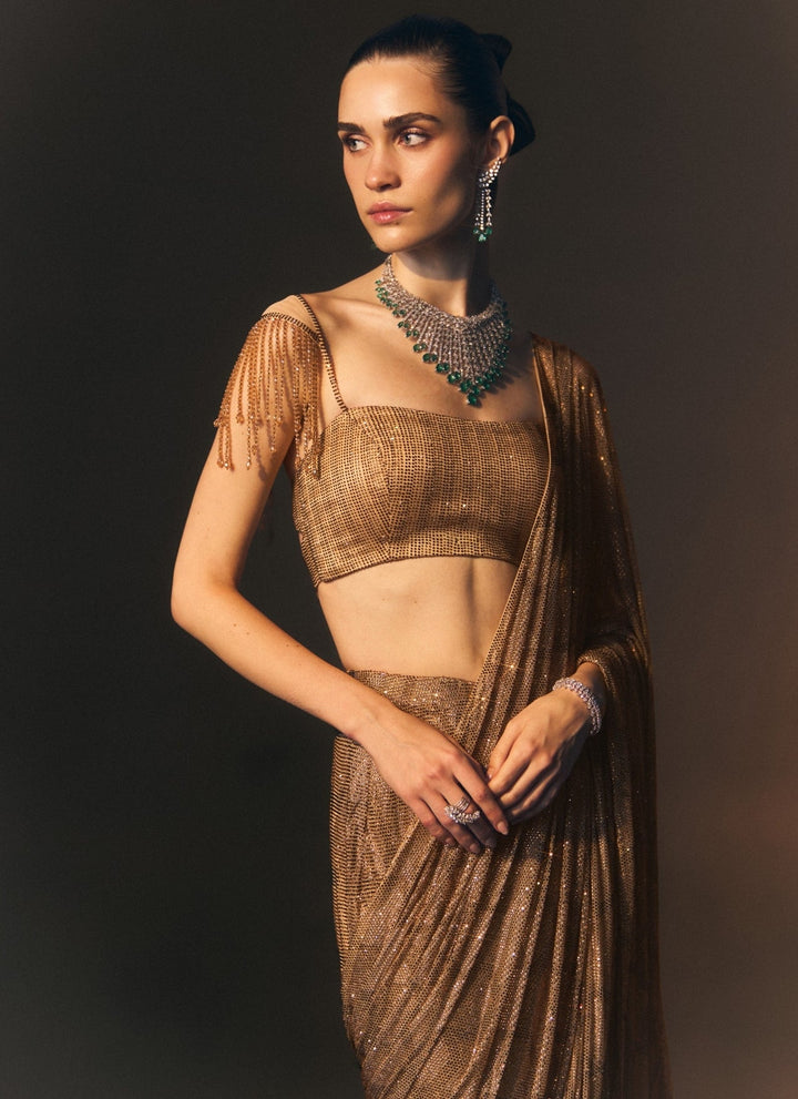 Angad Singh Antique Gold Soft Net Pre-Draped SareeFabilicious Fashion