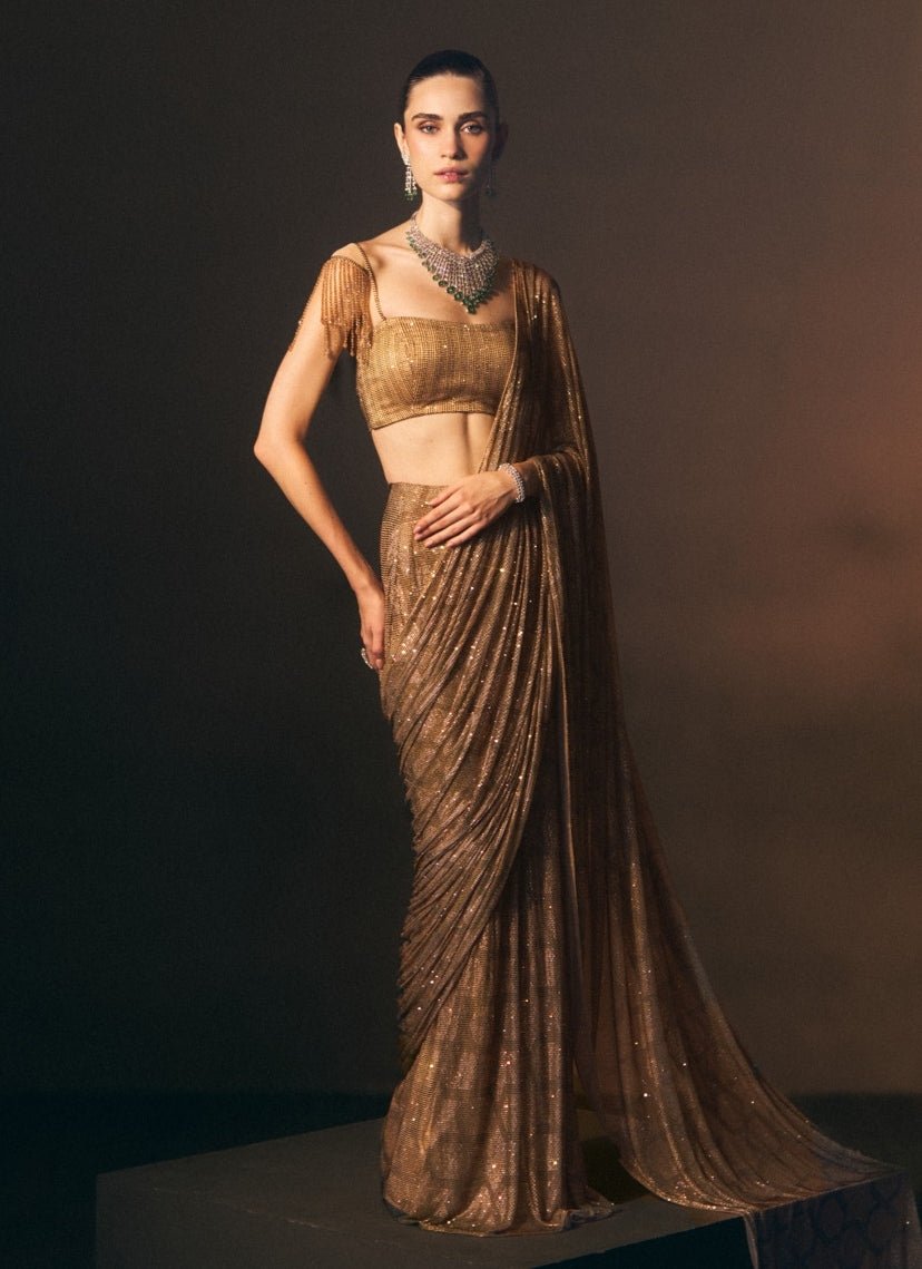 Angad Singh Antique Gold Soft Net Pre-Draped SareeFabilicious Fashion