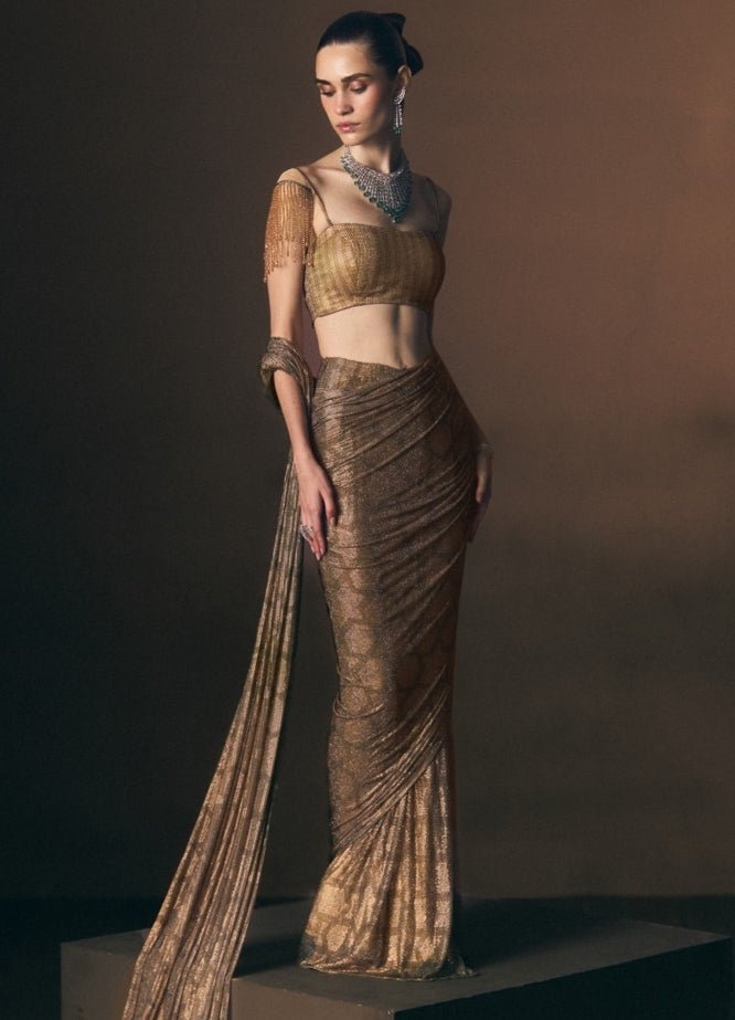 Angad Singh Antique Gold Soft Net Pre-Draped SareeFabilicious Fashion