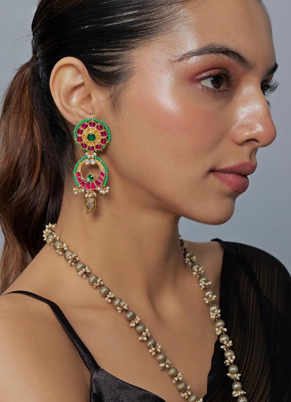 Antique Multi Stone And Kundan Long Pendant Necklace Set Vivinia by Vidhi Mehra - Fabilicious Fashion