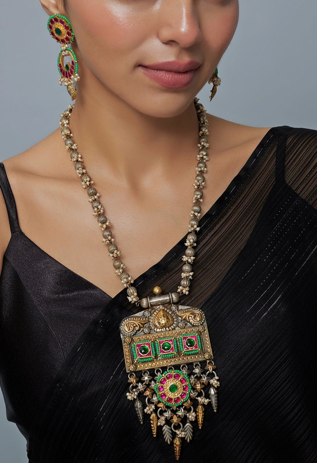 Antique Multi Stone And Kundan Long Pendant Necklace Set Vivinia by Vidhi Mehra - Fabilicious Fashion