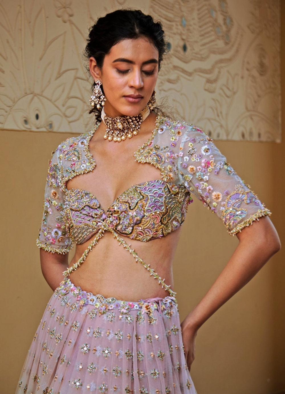 Aqua Blue And Lilac Embroidered Lehenga Set Moledro - Fabilicious Fashion