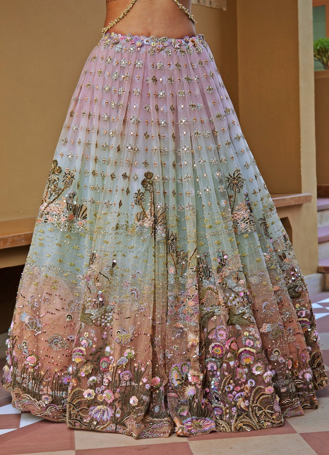 Aqua Blue And Lilac Embroidered Lehenga Set Moledro - Fabilicious Fashion
