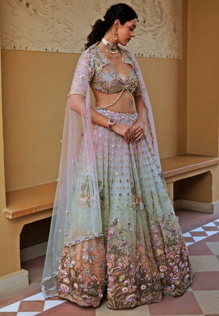 Aqua Blue And Lilac Embroidered Lehenga Set Moledro - Fabilicious Fashion