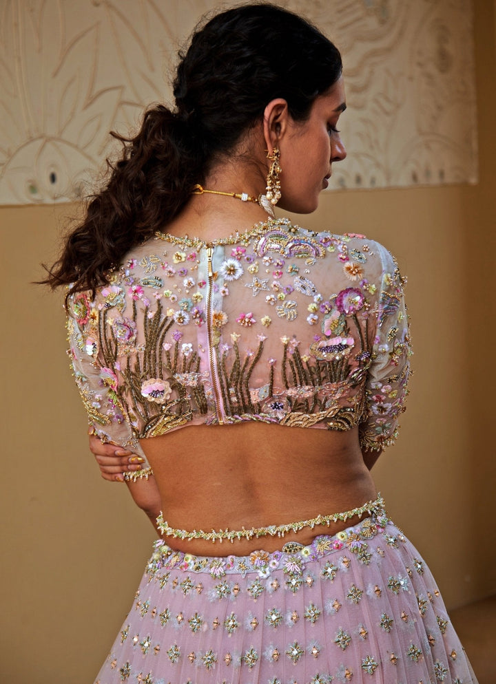 Aqua Blue And Lilac Embroidered Lehenga Set Moledro - Fabilicious Fashion