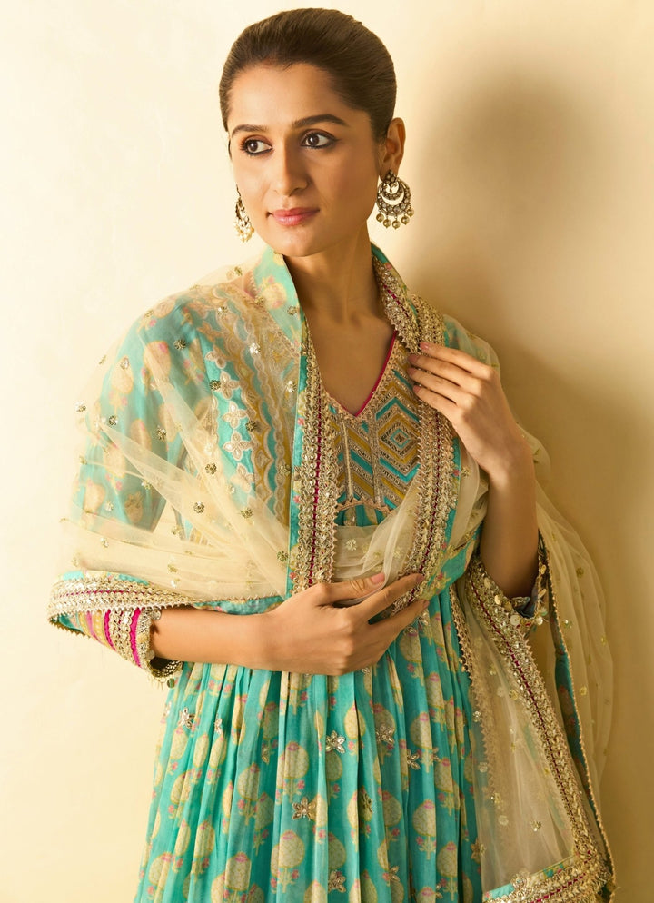 Gopi Vaid Aqua Blue Cotton Silk Anarkali Set With Ivory DupattaFabilicious Fashion