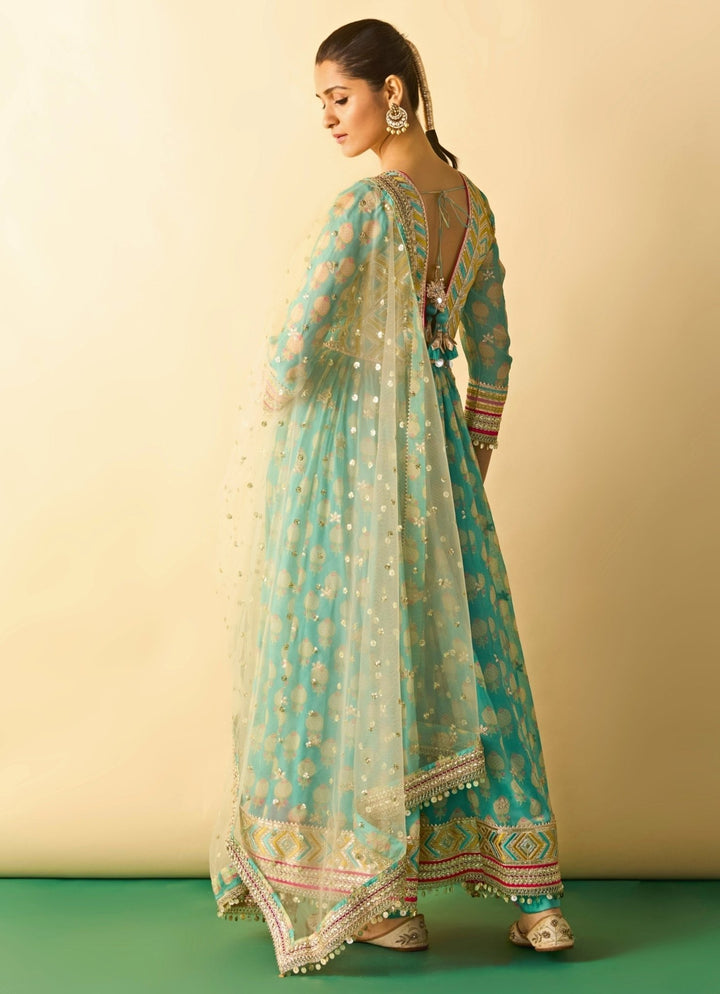 Gopi Vaid Aqua Blue Cotton Silk Anarkali Set With Ivory DupattaFabilicious Fashion