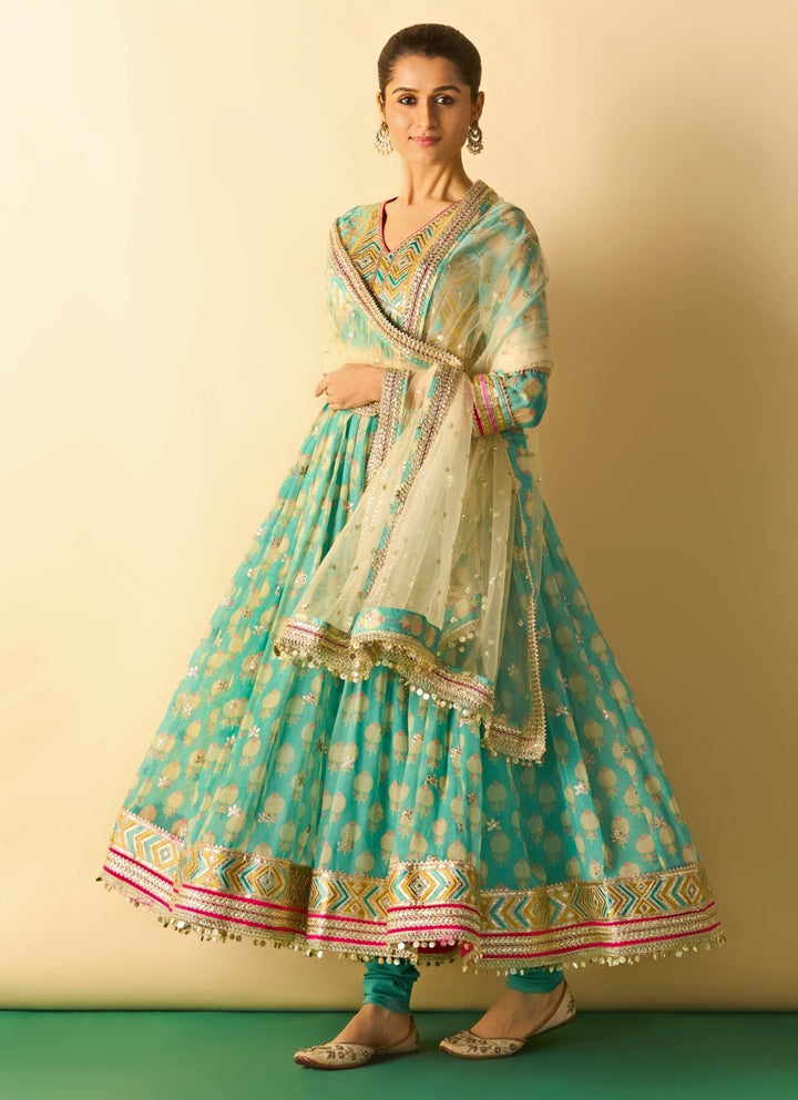 Gopi Vaid Aqua Blue Cotton Silk Anarkali Set With Ivory DupattaFabilicious Fashion