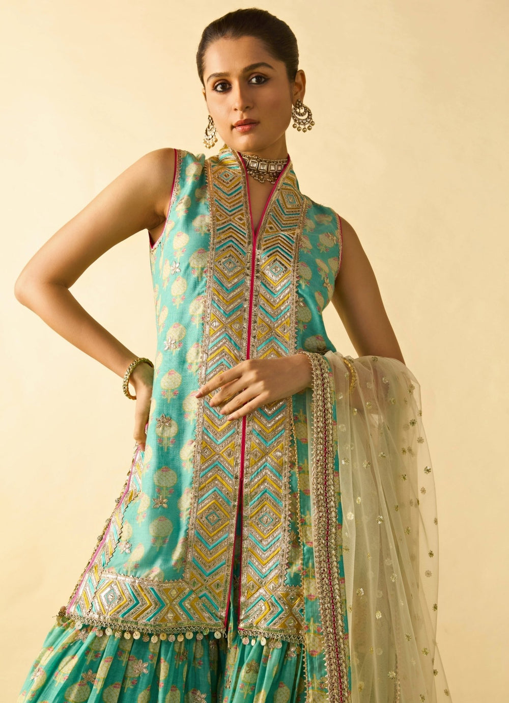 Gopi Vaid Aqua Blue Cotton Silk Kurta Sharara Set With Ivory DupattaFabilicious Fashion